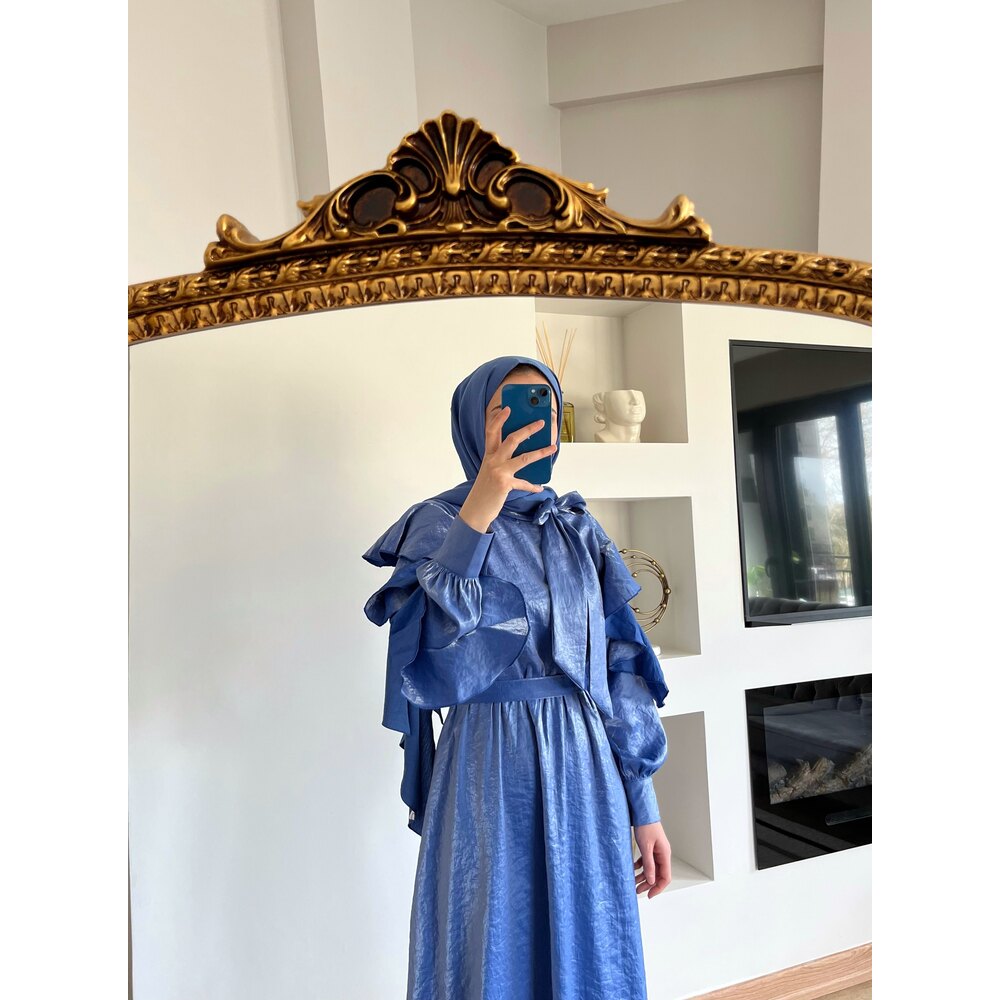 Fırfır kol elbise mavi