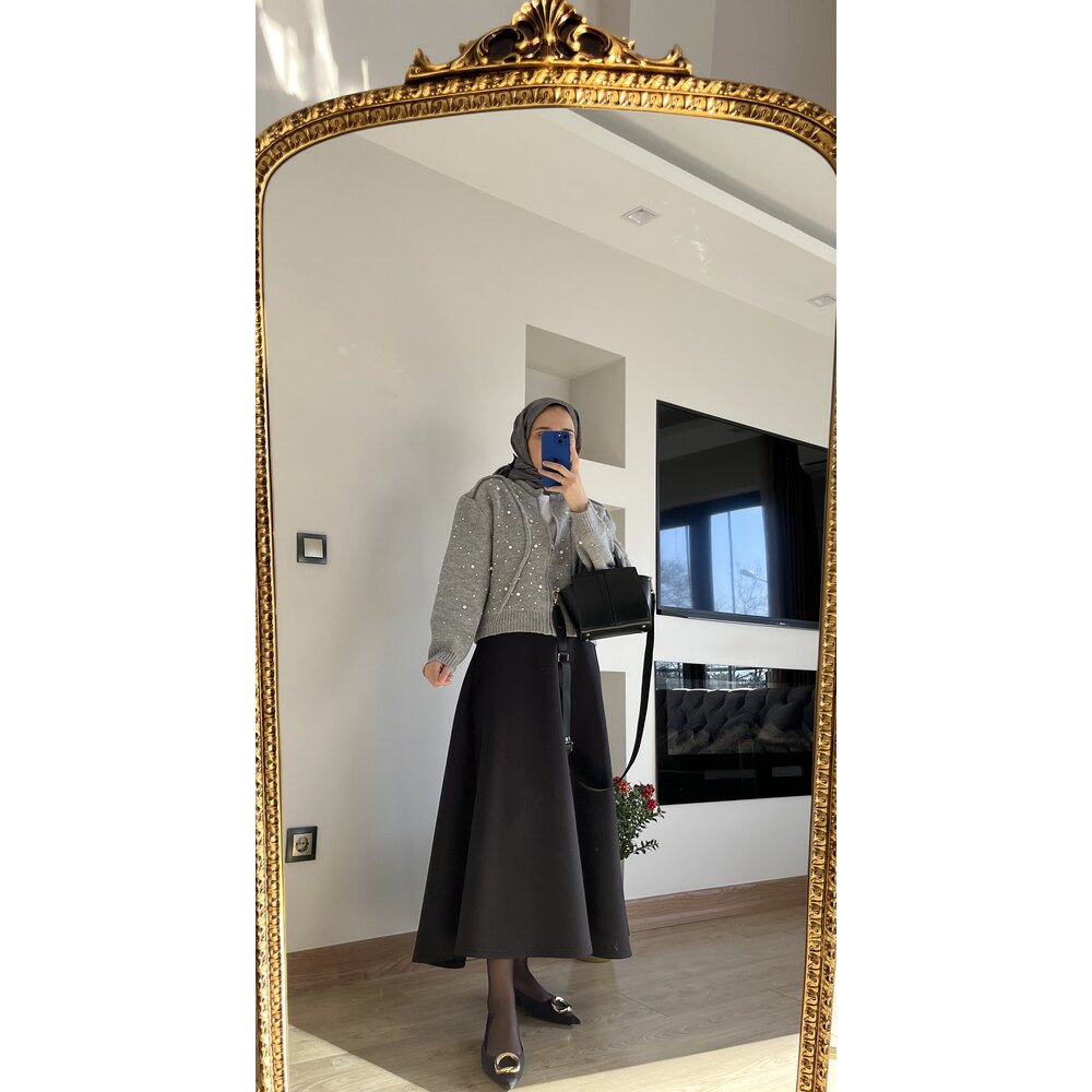 Yün inci detaylı hırka gri — fotoğraf 2