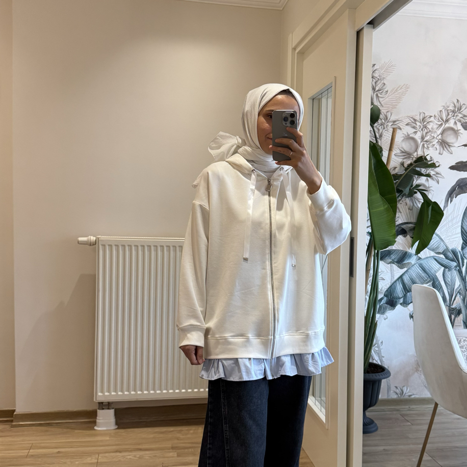 Ekru fırfır sweatshirt